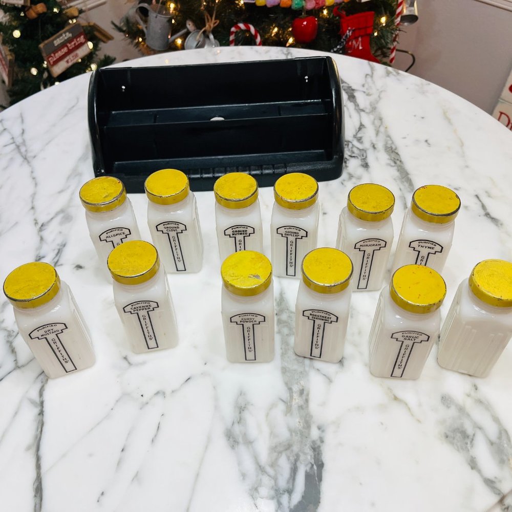 Retro milk glass Griffiths spice jar set of 12 - Picture 9 of 14